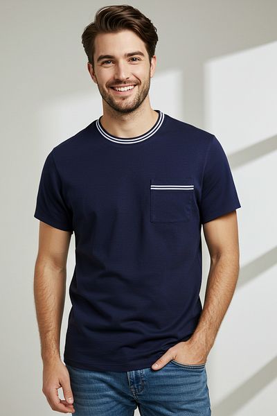 Trendyol Collection Detail námořnické modré pleteniny s pruhovanými kapsami Tričko ze 100% bavlny - Tmnss25Ts00035
