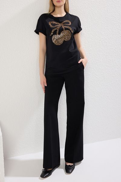 Edit by Trendyol Black Embroidery and Leopard Print Regular/Normal Fit Knitted T-Shirt Tedss25Ts00001