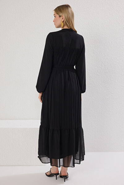 Trendyol Modest Black Belted Chiffon Woven Pleated Dress Tctss25Eb00098