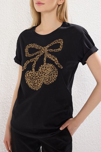 Edit by Trendyol Black Embroidery and Leopard Print Regular/Normal Fit Knitted T-Shirt Tedss25Ts00001