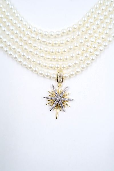 Trend Alaçatı Stili Cremefarbene Stern-Charm-Perlen-Halskette für Damen ALC-X13826
