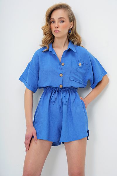 Trend Alaçatı Stili Női indigókék inggallér dupla zsebes rövidnadrág jumpsuit ALC-X11611