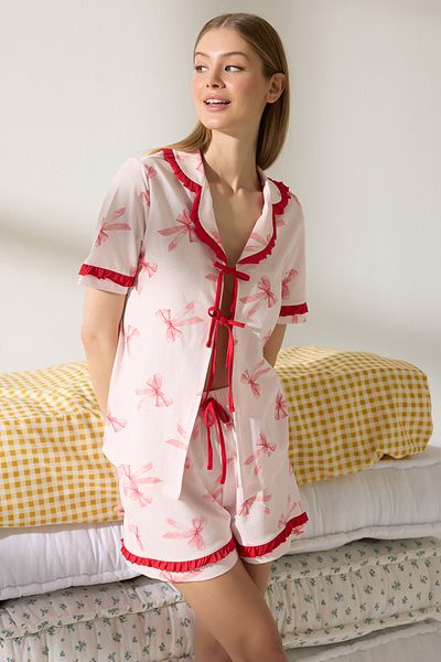 Trendyol Collection Pink 100% Cotton Ribbon/Bowknot Ruffle Shorts Knitted Pajamas Set Thmss25Pt00293