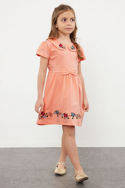 TRENDYOLKIDS Pink Flower Patterned Baby Collar Girl's Knitted Dress - TKDSS24EL00021