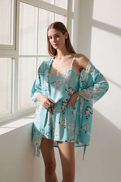 Trendyol Collection Niebieski-wielokolorowy 3-częściowy kwiatowy koronkowy wiskozowy zestaw szorty szlafrok + piżama THMSS25PT00232