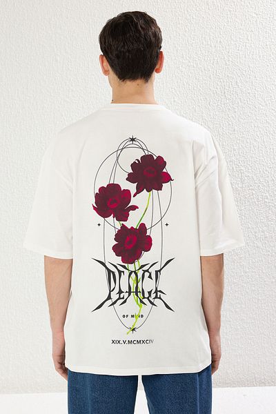 Trendyol Collection Ecrufarbenes, übergroßes Baumwoll-T-Shirt mit Blumendruck – Doppelärmel TMNSS25TS00112