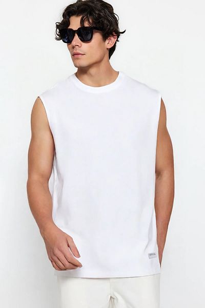 Trendyol Collection Bílé oversize/široký střih Basic Labeled 100% bavlna Tričko bez rukávů/Atlet