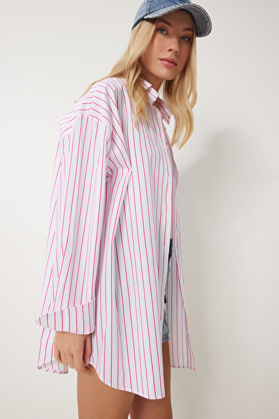 Happiness İstanbul Női fehér, rózsaszín csíkos, túlméretezett, hosszú szövésű ing BP00168