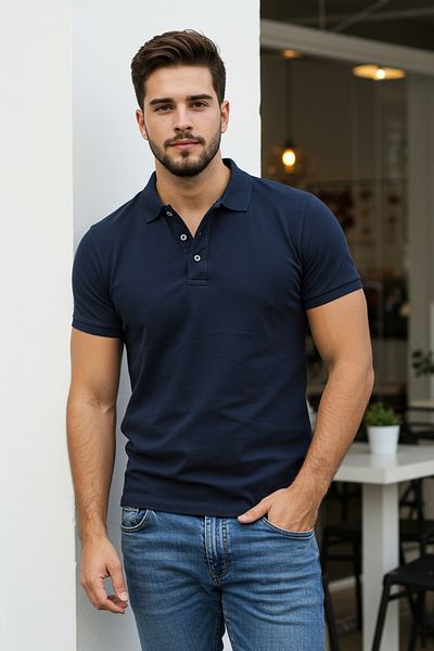 Trendyol Collection Sötétkék normál/normál szabású alap 100% pamut egyszínű mez rövid ujjú póló nyakú póló TMNSS25PO00001