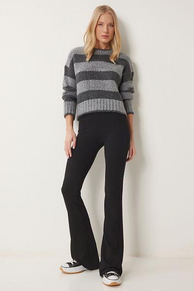 Happiness İstanbul Schwarze Damen-Strickleggings mit hoher Taille und ausgestelltem Bein XR00023