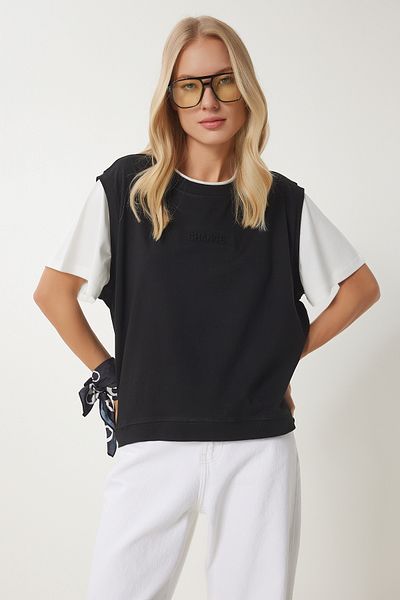 Happiness İstanbul Schwarzes Damen-T-Shirt aus kontrastfarbener Baumwolle CR00459