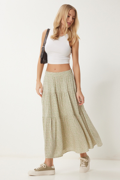 Happiness İstanbul Női zöld virágos vékony nyári szőtt szoknya UB00304