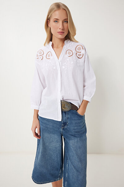 Happiness İstanbul Γυναικείο υφαντό πουκάμισο με λευκό κεντημένο χτένι AY00035