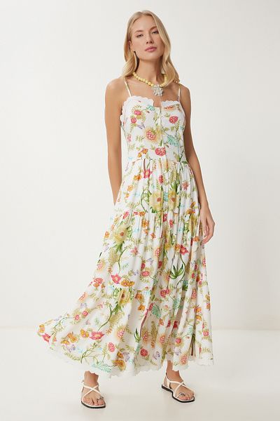 Happiness İstanbul Weißes, gelbes, floral gemustertes, gewebtes Sommerkleid für Damen FN03458