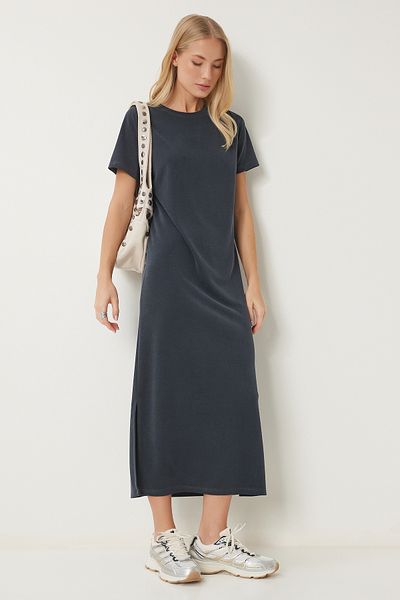 Happiness İstanbul Anthrazitfarbenes Basic-Sommer-Modalkleid für Damen SJ00002