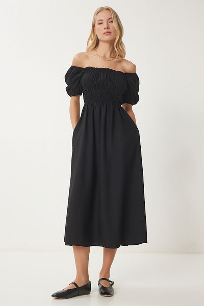 Happiness İstanbul Women's Black Wrinkle Effect Balloon Sleeve Midi Dress Ub00315