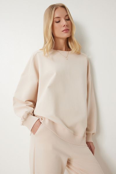 Happiness İstanbul Cremefarbenes Oversize-Strick-Trainingsanzug-Set mit Rundhalsausschnitt für Damen FN03456