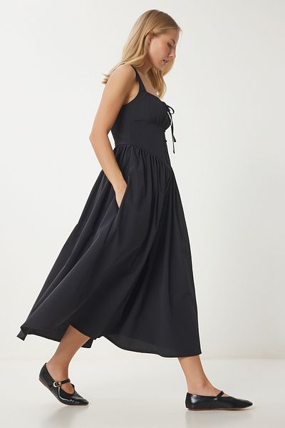 Happiness İstanbul Dámské černé šaty Korzet Look Poplin Midi UB00316
