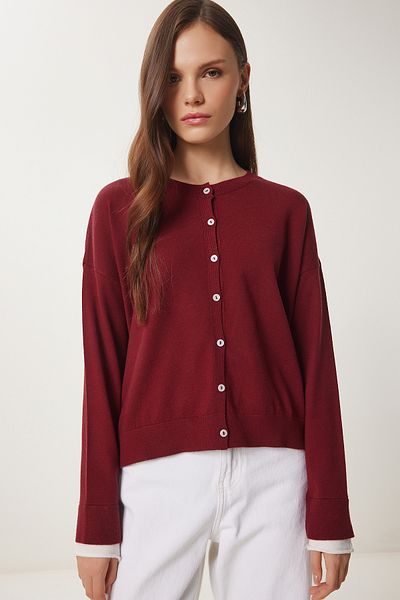 Happiness İstanbul Damen-Cardigan aus saisonalem Strick mit kontrastierenden Streifen in Burgunderrot US00953