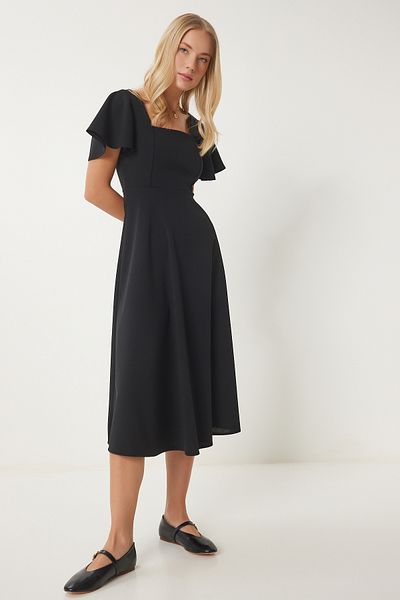 Happiness İstanbul Schwarzes, ausgestelltes, gewebtes Damenkleid mit Volant UB00302