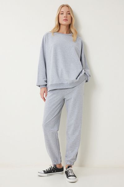 Happiness İstanbul Grau meliertes Oversize-Strick-Trainingsanzug-Set mit Rundhalsausschnitt für Damen FN03456