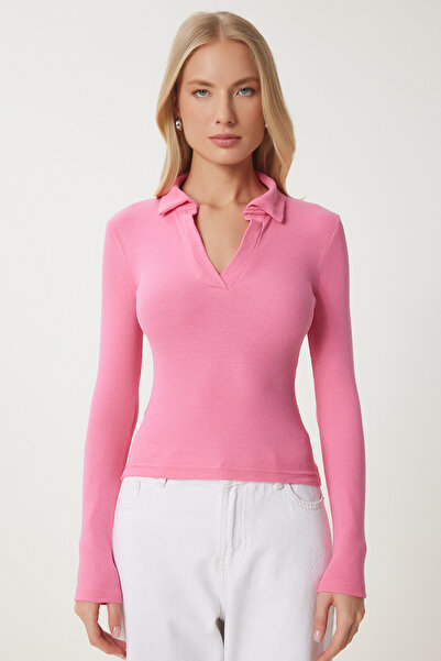 Happiness İstanbul Női bézs rózsaszín 2 részes póló nyakú bordás kötött blúz GT00232