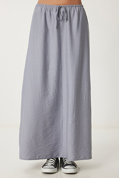 Happiness İstanbul Women's Gray Wrinkle Effect Summer Flared Woven Skirt Ub00305