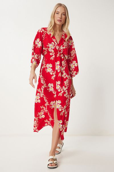 Happiness İstanbul Damen-Sommerkleid aus Viskose mit Wickelkragen, rot, gelb, gemustert, DK00166