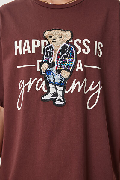 Happiness İstanbul Γυναικείο Καφέ Αρκουδάκι Κεντημένο Βαμβακερό Πλεκτό Μπλουζάκι CR00461