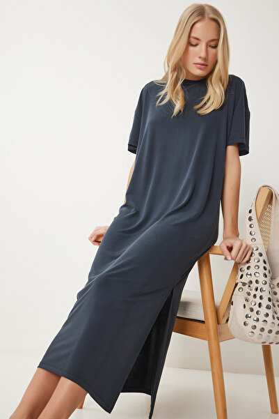 Happiness İstanbul Γυναικείο Ανθρακί Oversize Basic Καλοκαιρινό Πλεκτό Φόρεμα UB00299