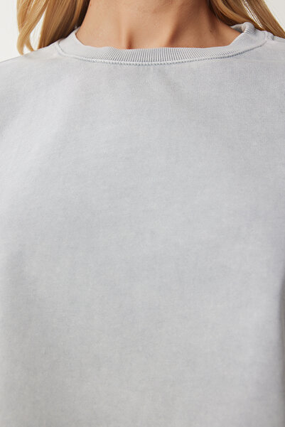 Happiness İstanbul Dámska sivá tepláková súprava z bavlny s efektom bledého efektu BF00101