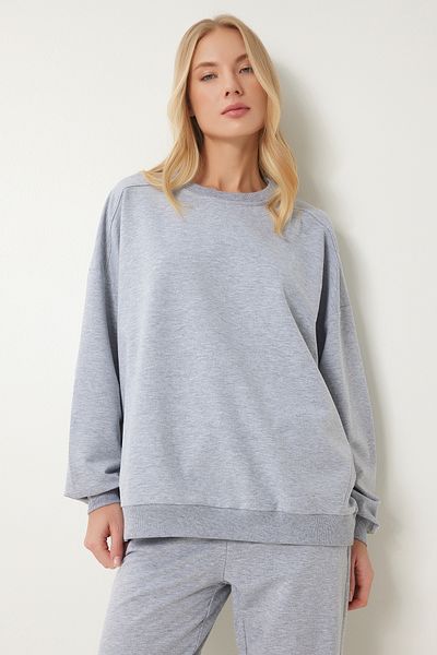 Happiness İstanbul Grau meliertes Oversize-Strick-Trainingsanzug-Set mit Rundhalsausschnitt für Damen FN03456