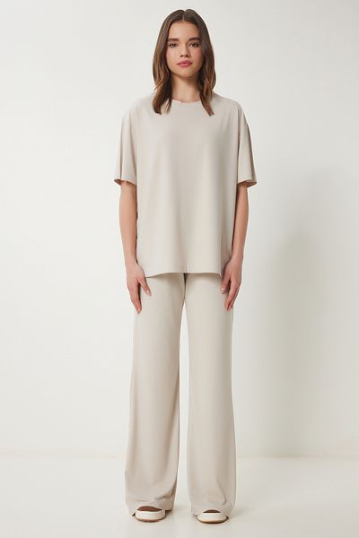Happiness İstanbul Damen Stone Oversize-Strick-T-Shirt-Hosenanzug FN03452