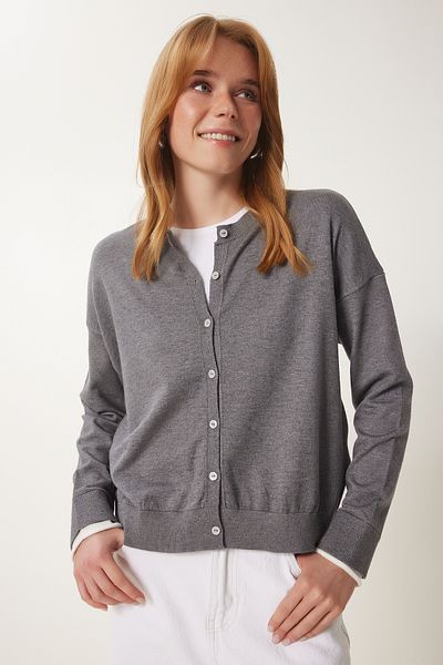 Happiness İstanbul Women's Gray Contrast Stripe Detailed Seasonal Knitwear Cardigan Us00953