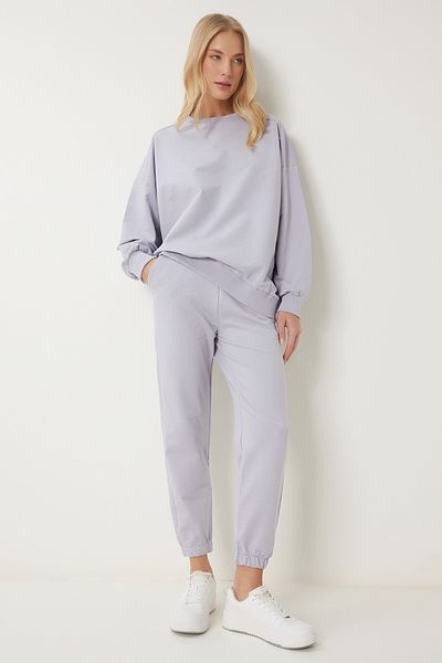 Happiness İstanbul Dámská oversize pletená tepláková souprava Stone Grey Crew Neck FN03456