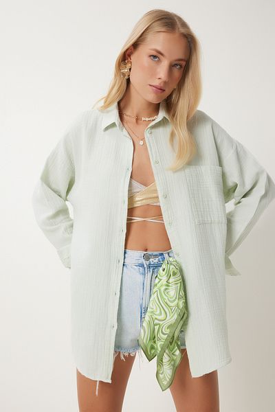 Happiness İstanbul Wassergrünes Oversize-Basic-Musselin-Shirt für Damen MX00150