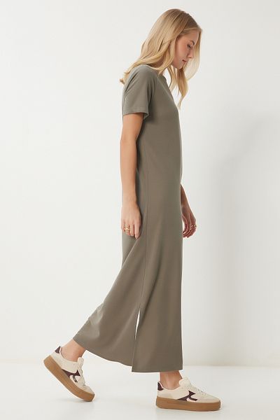 Happiness İstanbul Khakifarbenes Basic-Sommer-Modalkleid für Damen SJ00002