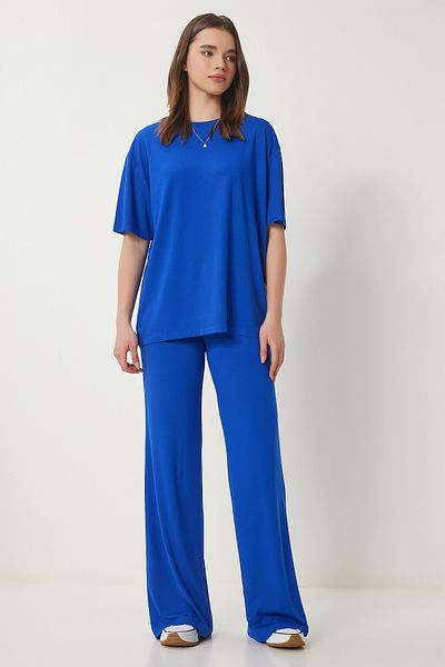 Happiness İstanbul Γυναικείο Σκούρο Μπλε Oversize Πλεκτό T-Shirt Παντελόνι Κοστούμι FN03452