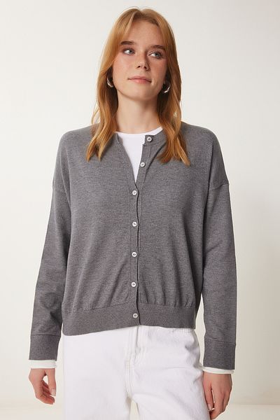 Happiness İstanbul Women's Gray Contrast Stripe Detailed Seasonal Knitwear Cardigan Us00953