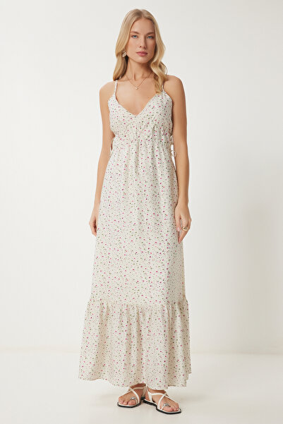 Happiness İstanbul Γυναικείο Κρεμ Floral Καλοκαιρινό Μακρύ Υφαντό Φόρεμα RG00048