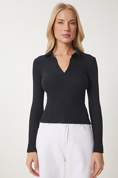 Happiness İstanbul Schwarz-rote zweiteilige gerippte Strickbluse mit Polokragen für Damen GT00232