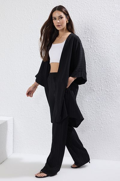 Trendyol Collection Black Kimono and Wide Leg/Wide Leg Pants Woven Two-Piece Bottom-Top Suit Twoss25Au00079