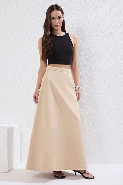 Trendyol Collection Beigefarbener Maxi-Jeansrock mit Volants TWOSS25ET00005