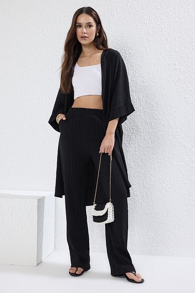 Trendyol Collection Black Kimono and Wide Leg/Wide Leg Pants Woven Two-Piece Bottom-Top Suit Twoss25Au00079