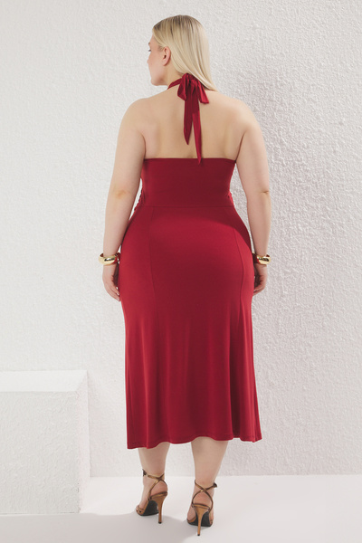 Trendyol Curve Πλεκτό φόρεμα σε γραμμή Α σε μπορντό Halter TBBSS25AH00177