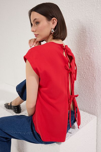Trendyol Collection Red 100% Cotton Moon Sleeve Lacing Detail Crew Neck Knitted T-Shirt Twoss25Ts00156