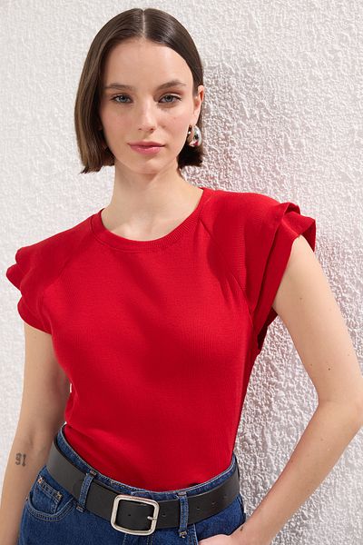Trendyol Collection Rotes, gerüschtes, gerüschtes Strickbluse – TWOSS25BZ00483