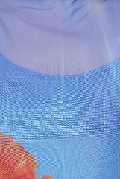 Trendyol Curve Blue Floral Printed Knitted Tulle Plus Size Dress Tbbss25Ah00117