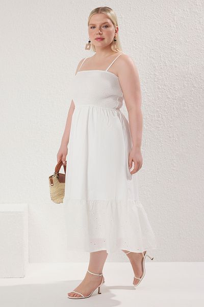 Trendyol Curve White Summer Gipeli Strap Midi Woven Large Size Dress Tbbss25Ah00165