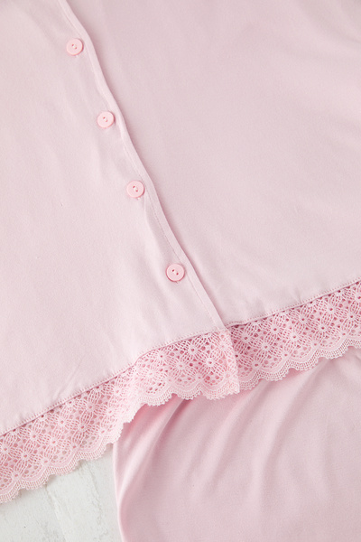 Trendyol Curve Dusty Rose V Neck Lace Viscose Shorts Knitted Pajamas Set Tbbss25Ai00065